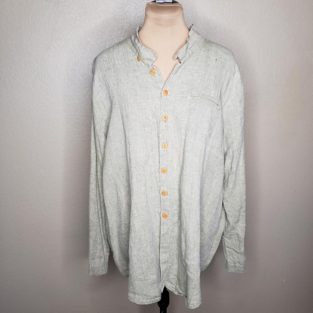 FLAX 100% Linen Long Sleeve Button Down Shirt Green Medium